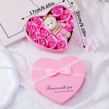 10pcs Romantic Rose Soap Gift Set with Teddy Bear - Heart-Shaped Plastic Box for Wedding, Bridal Shower, Birthday, Anniversary, Christmas, Thanksgiving, Valentine's Day, Mother's Day, Graduation - No Electricity Needed, Feath