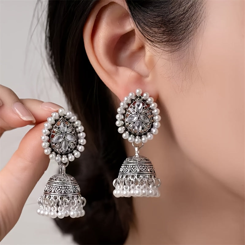 Bohemian Ethnic Golden-Tone Earrings with Imitation Pearl Accents & Synthetic Stones