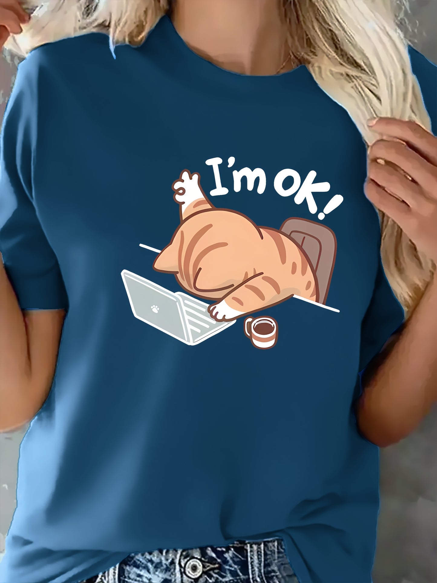 Women'S Casual Crew Neck Short Sleeve T-Shirt - "I'm Ok!" Cat Design, Soft & Comfortable Fabric, Perfect for Spring & Summer Outfits, Casual Wear | Playful Graphic Tee | Comfortable Fit