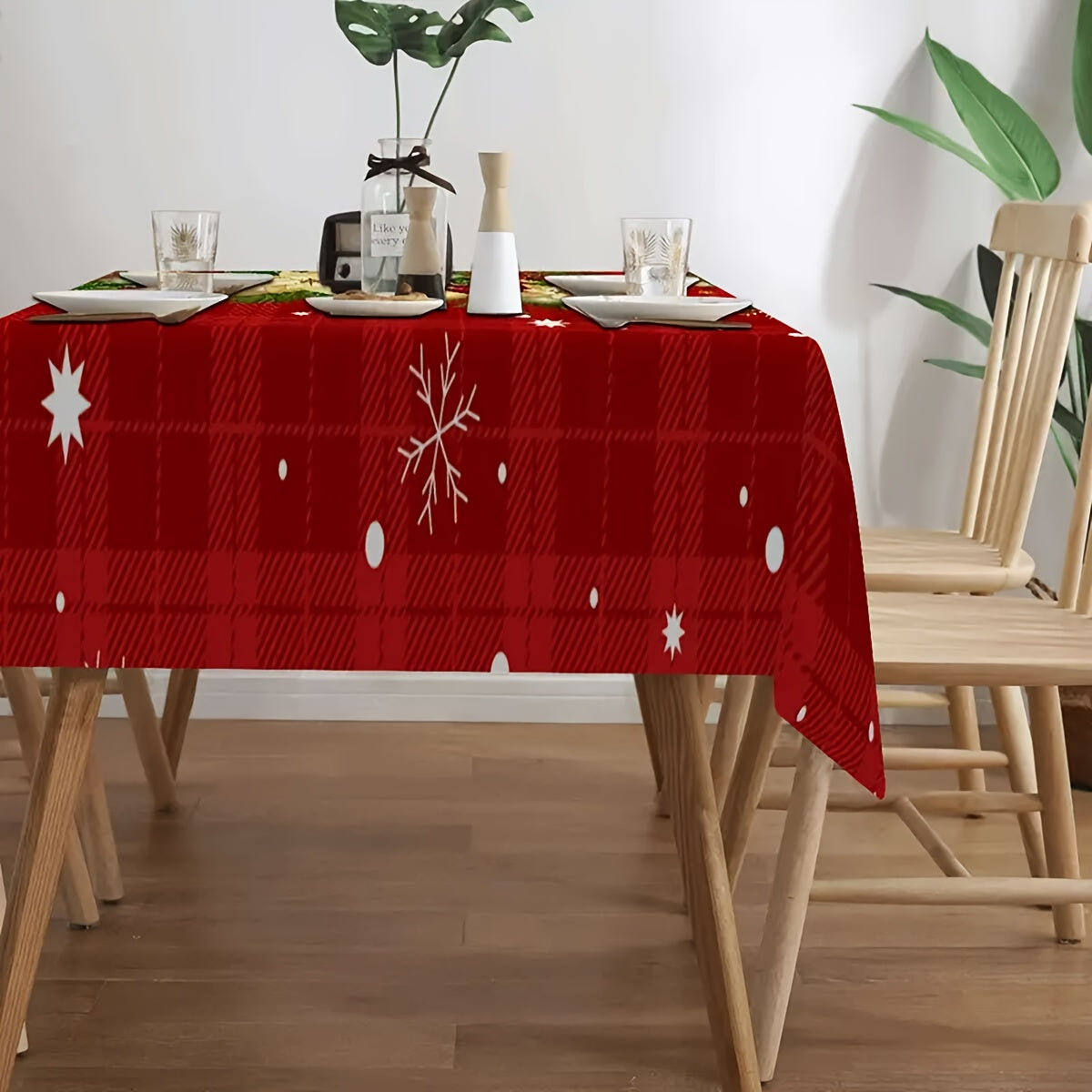 1PC Red and White Plaid Christmas Decorative Print Foldable Easy Storage Tablecloth, Suitable for Kitchen, Dining Room, Holiday, Party