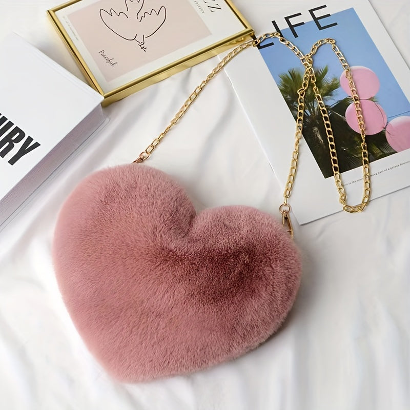 Chic Heart-Shaped Plush Crossbody Bag - Fashionable Zippered Shoulder Purse