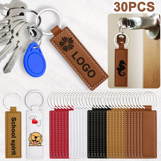 30pcs Faux Leather Key Fob Kit, 4.09*0.98in Rectangular Faux Leather Keychain Blanks with Keychain Rings, Laser Engraving Keychain -DIY School/Corporate Logos Gifts Stamping DIY Handicrafts for Faux Leather Working, Faux Leat