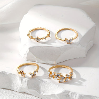 Elegant and Exquisite Y2K Style Sparkling Rhinestone Leaves Flowers Butterflies rings