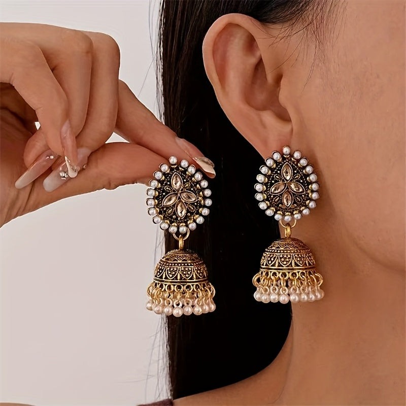 Bohemian Ethnic Golden-Tone Earrings with Imitation Pearl Accents & Synthetic Stones