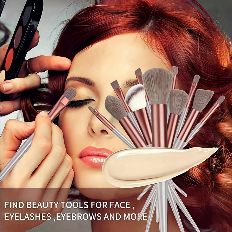 13pcs Makeup Brush Set + 2pcs Brown Makeup Sponges, Eye Shadow, Foundation, BB Cream, Concealer Makeup Brushes, Soft All-In-One Makeup Tools for Women