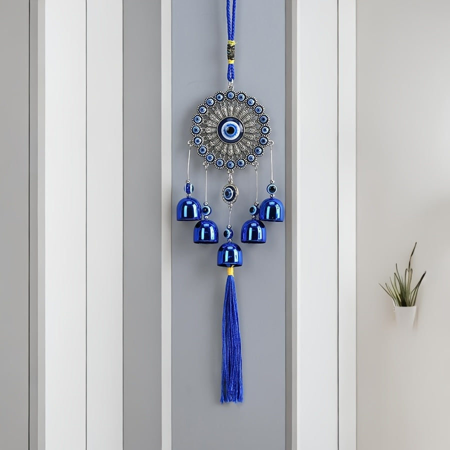 1pc Blue Evil Eye Wind Chime with Tassels – Metal Wall Hanging Decor for Outdoor, Balcony, or Patio – Intricate Design with Bells and Threads in Blue and Yellow, Wind Chimes for Outside