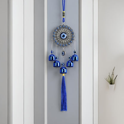1pc Blue Evil Eye Wind Chime with Tassels – Metal Wall Hanging Decor for Outdoor, Balcony, or Patio – Intricate Design with Bells and Threads in Blue and Yellow, Wind Chimes for Outside