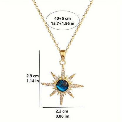 1pc Fashion Starburst Pendant Necklace, Copper with Synthetic Cubic Zirconia, Stainless Steel Chain, Elegant Gift for Wife and Daughter, Anniversary and Birthday Accessory