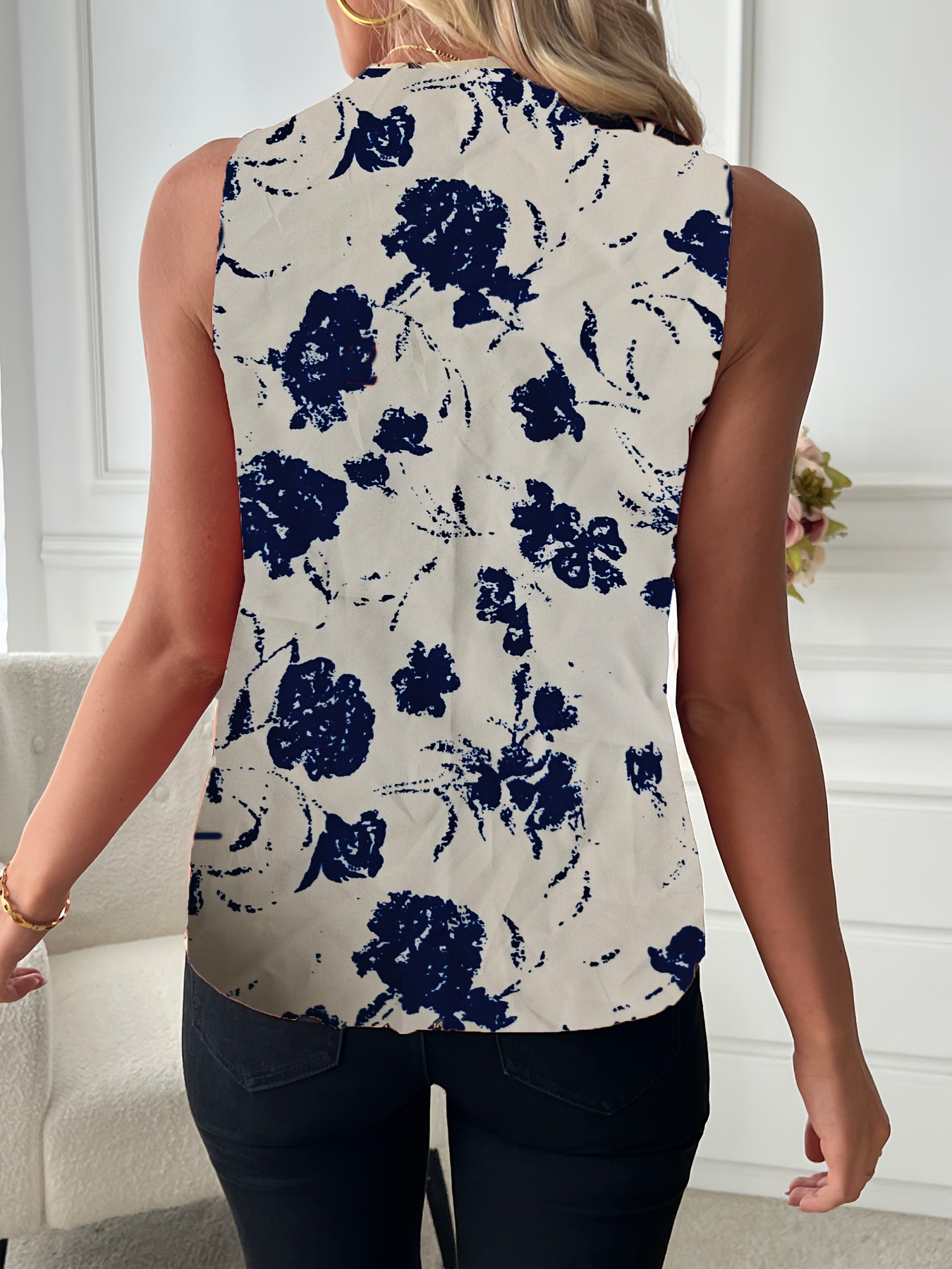 Elegant Women's V-Neck Blouse with Floral Print - Sleeveless, Casual Summer Top, Machine Washable
