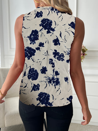 Elegant Women's V-Neck Blouse with Floral Print - Sleeveless, Casual Summer Top, Machine Washable