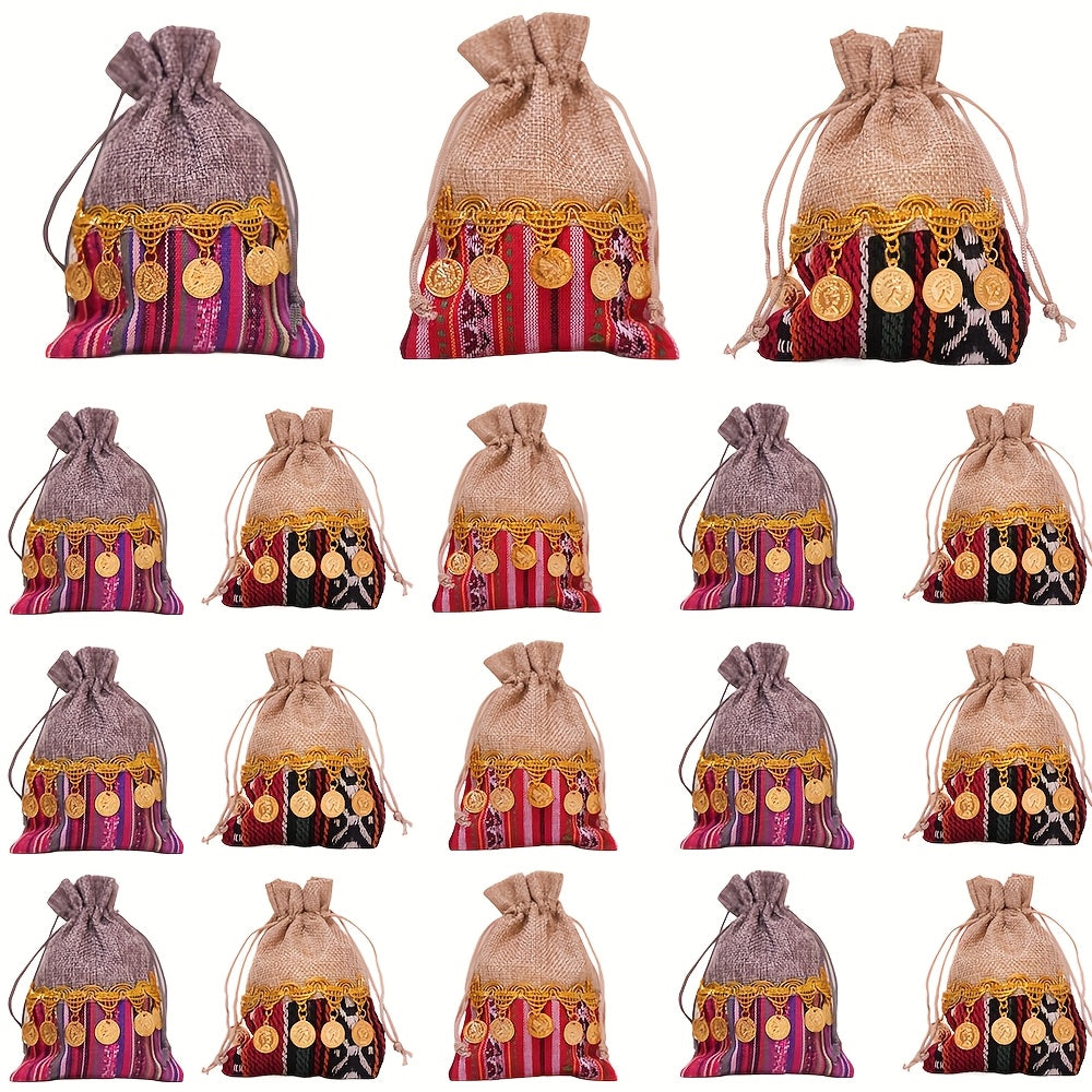 12pcs Vibrant Indian-Inspired Drawstring Bags - Durable Jute with Golden Coin Embellishments, Ideal for Jewelry, Weddings & Birthday Parties, Party Favor Bags|Traditional Design|Jute Material, Jewelry Bag