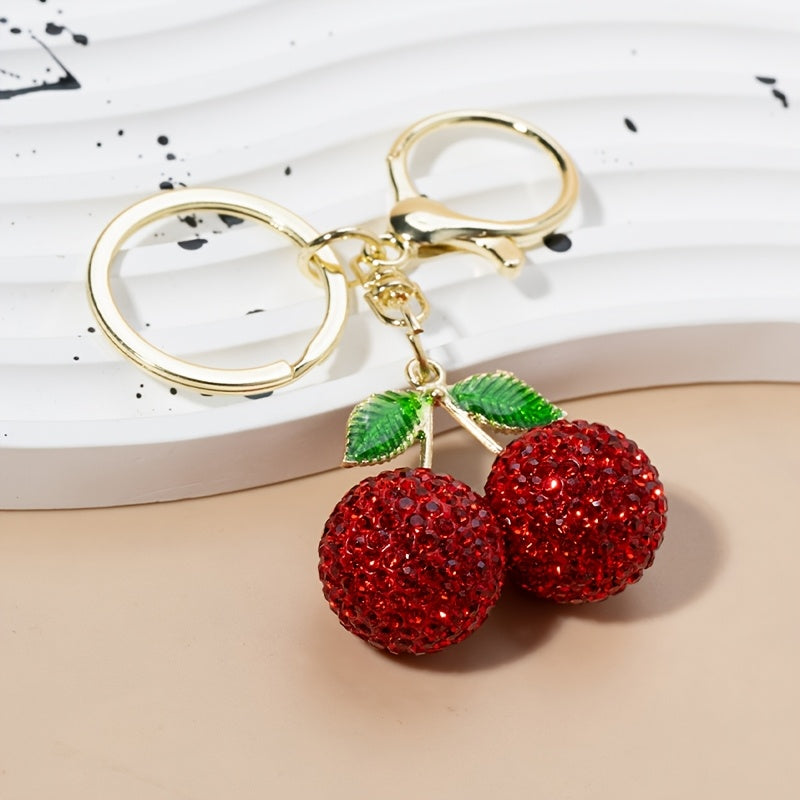 1pc Creative Cute Fruit Rhinestone Cherry Keychain for Women, Alloy Metal, Cartoon Plant Theme, Lobster Clasp, Decorative Car Key Pendant, Birthday Festival Gift, Key Accessories