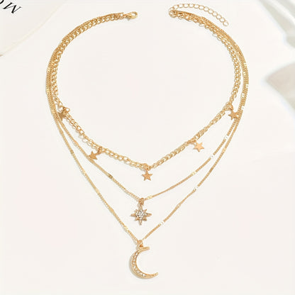 An Elegant Bohemian Style Multi-Layer Golden Necklace with Star and Moon Pendants - Perfect Gift for Friendship, Suitable for Gifting and Casual Attire, For Teenager