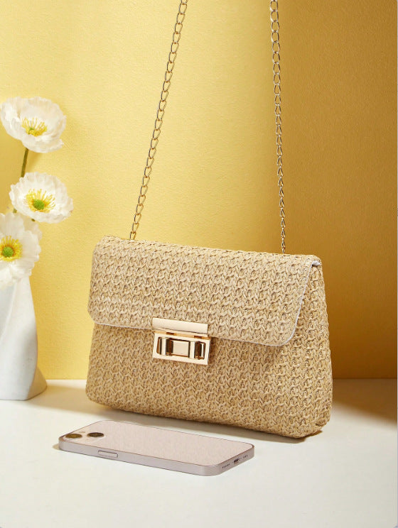 Elegant Beige Woven Shoulder Bag with Chain Strap and Turn-lock Closure