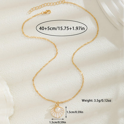 1pc Elegant Imitation Pearl & Golden-Tone Seashell Pendant Necklace for Women, KC Golden-Plated Delicate Chain, Everyday Jewelry Gift for Her, Year-Round Versatile Accessory, Casual Jewelry, Goldtone Jewelry, Refined Construc
