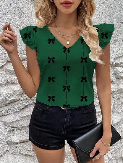 Graceful Women's Bow Print Flutter Sleeve Blouse Short-Sleeve Top