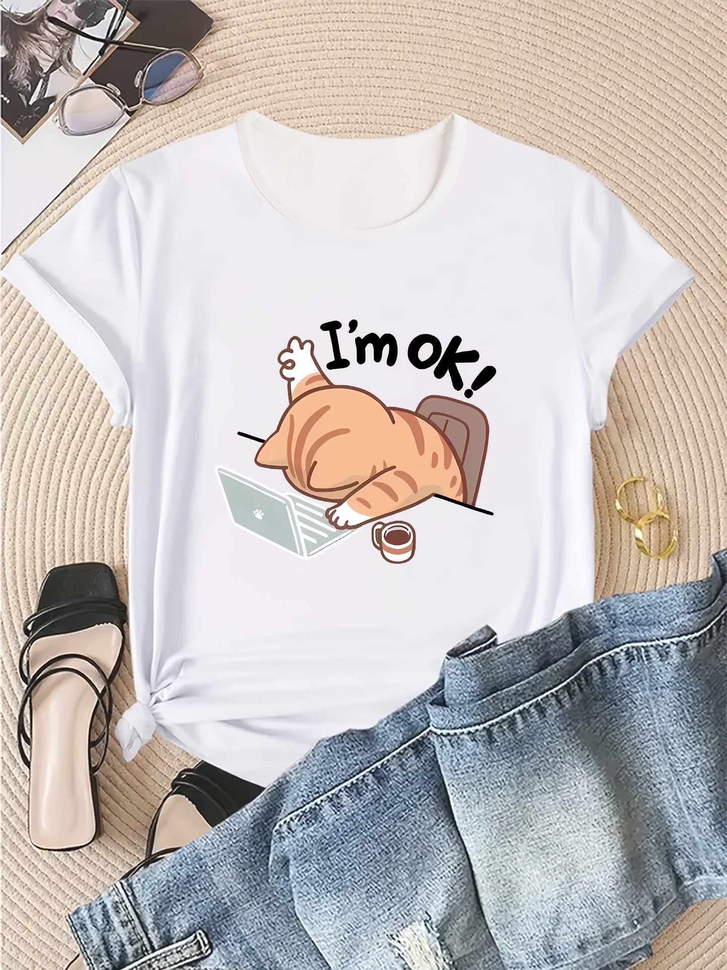 Women'S Casual Crew Neck Short Sleeve T-Shirt - "I'm Ok!" Cat Design, Soft & Comfortable Fabric, Perfect for Spring & Summer Outfits, Casual Wear | Playful Graphic Tee | Comfortable Fit