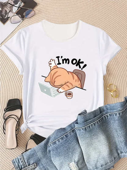 Women'S Casual Crew Neck Short Sleeve T-Shirt - "I'm Ok!" Cat Design, Soft & Comfortable Fabric, Perfect for Spring & Summer Outfits, Casual Wear | Playful Graphic Tee | Comfortable Fit