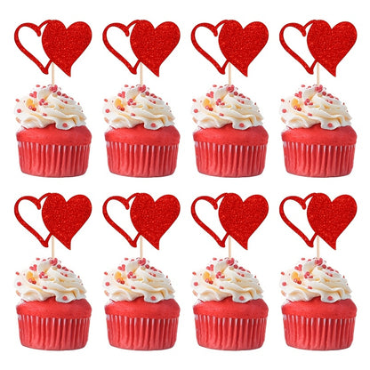 24pcs Valentine'S Day Cupcake Toppers, Glitter Hollow Love Cupcake Toppers, Picks, Red Love Heart Birthday Cake Decorations for Valentine'S Day, Weddings, Engagements, Showers, Festival Party Cake Decor for Halloween, Christm