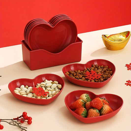 6pcs Plastic Heart-Shaped Serving Plate Set Red Love Theme Fruit, Snack and Candy Plate, for Valentine'S Day, Wedding, Banquet and Special Occasions