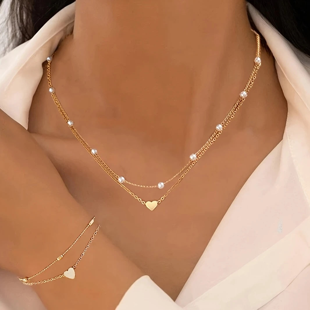 3pcs Elegant Minimalist Heart-Shaped Faux Pearl Necklace Bracelet Set, Adjustable Adjustable Chain, Suitable for Women'S Daily Wear and Holiday Gifts, Classic Versatile Commuter Style Valentine'S Day Present