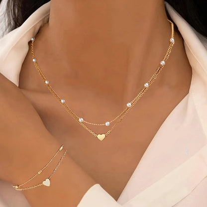 3pcs Elegant Minimalist Heart-Shaped Faux Pearl Necklace Bracelet Set, Adjustable Adjustable Chain, Suitable for Women'S Daily Wear and Holiday Gifts, Classic Versatile Commuter Style Valentine'S Day Present