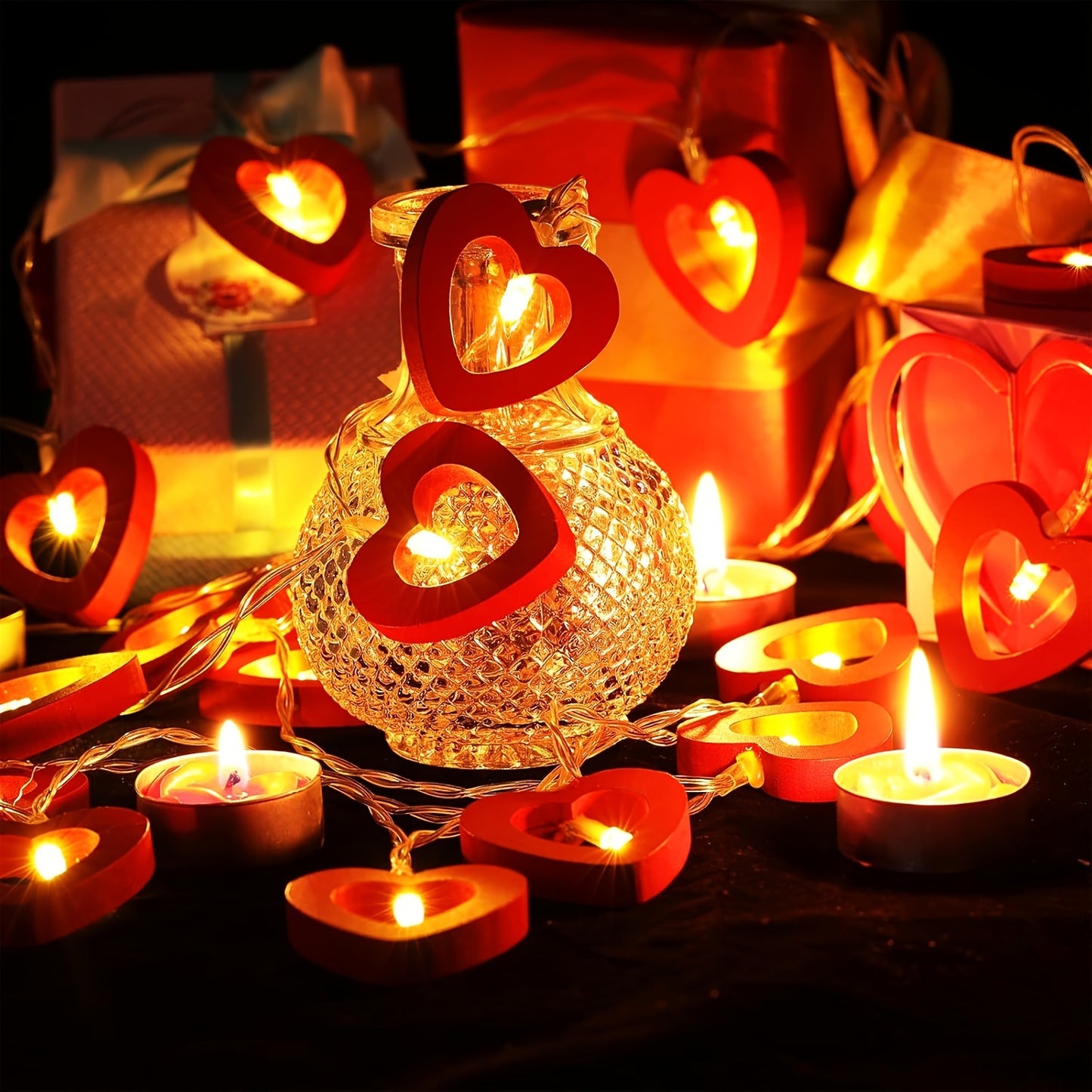 1pc Romantic Red Heart LED String Lights, Contemporary Battery-Powered Plastic Valentine'S Day Decorative Rope Light for Bedroom, Living Room, Party - Switch Control, No Battery Included