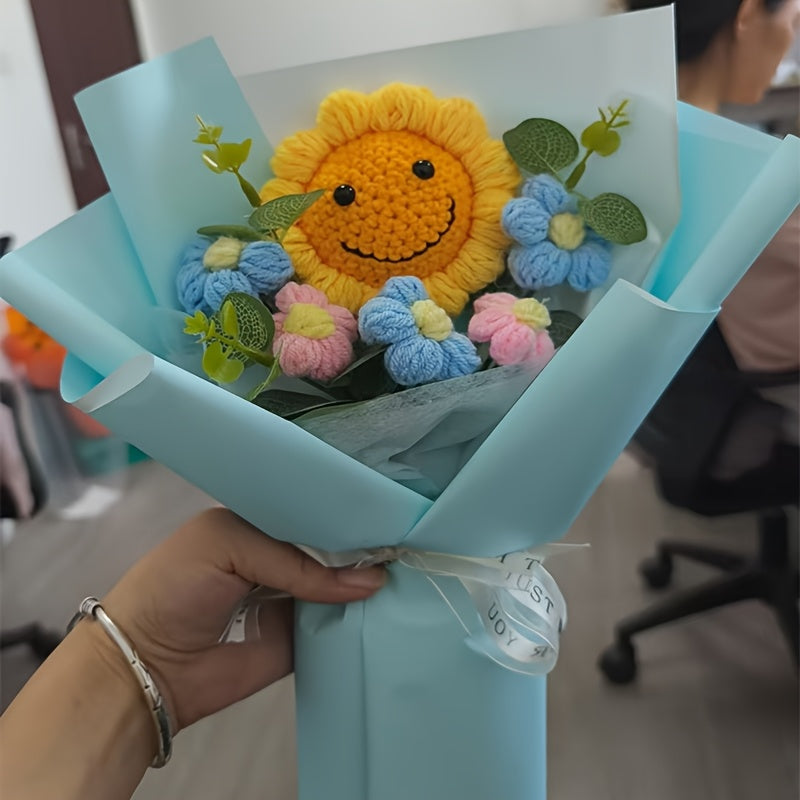 Realistic Knit Sunflower Bouquet with Smiling Face - No Electricity Needed, Durable Polyester Floral Arrangement for Home Decor, Birthday & Thanksgiving Gifts, Office & Party Centerpieces, Handmade Aesthetic Tabletop Decor, S