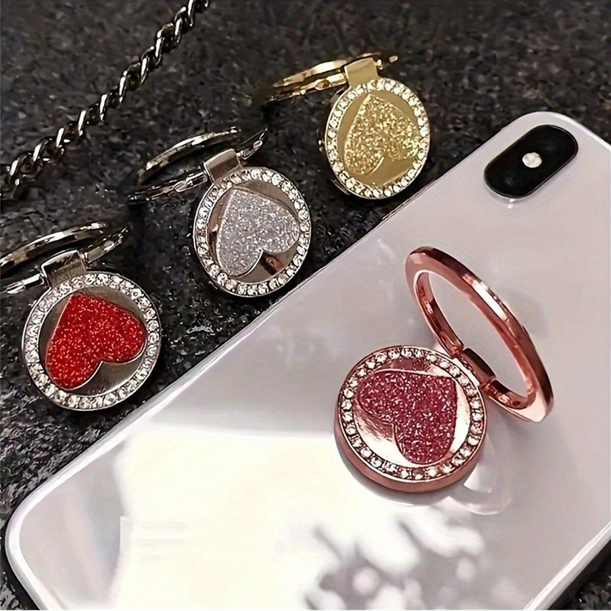 1pc Glittering Heart-Shaped Metal Ring Buckle Mobile Phone Holder - Sparkling Glitter Accents, Adjustable Ring, Compatible with Most Phone Cases, Easy Installation - Stylish Phone Accessory for Women