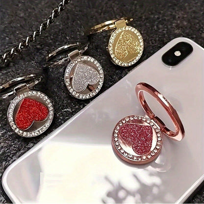 1pc Glittering Heart-Shaped Metal Ring Buckle Mobile Phone Holder - Sparkling Glitter Accents, Adjustable Ring, Compatible with Most Phone Cases, Easy Installation - Stylish Phone Accessory for Women