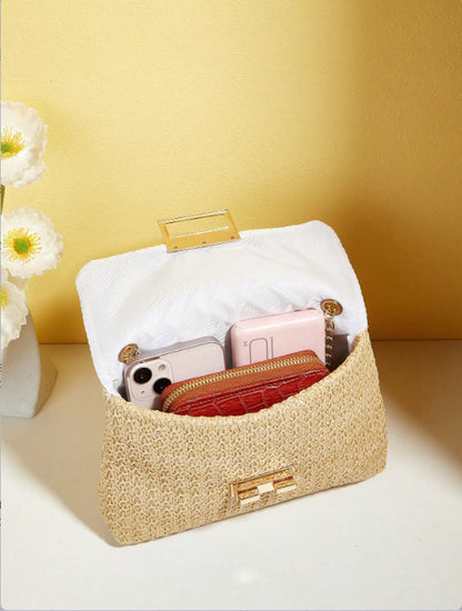 Elegant Beige Woven Shoulder Bag with Chain Strap and Turn-lock Closure