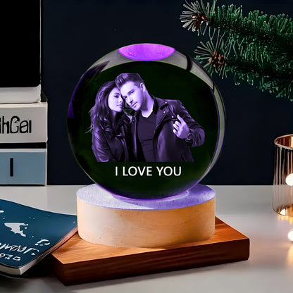 Customizable Crystal Ball with Wooden Base - Personalized Photo Glass Sphere for Bedroom, Living Room Decor - Ideal Gift for Birthdays, Valentine'S Day, Thanksgiving, Christmas - DIY Engraved Option, USB Powered, No Battery N