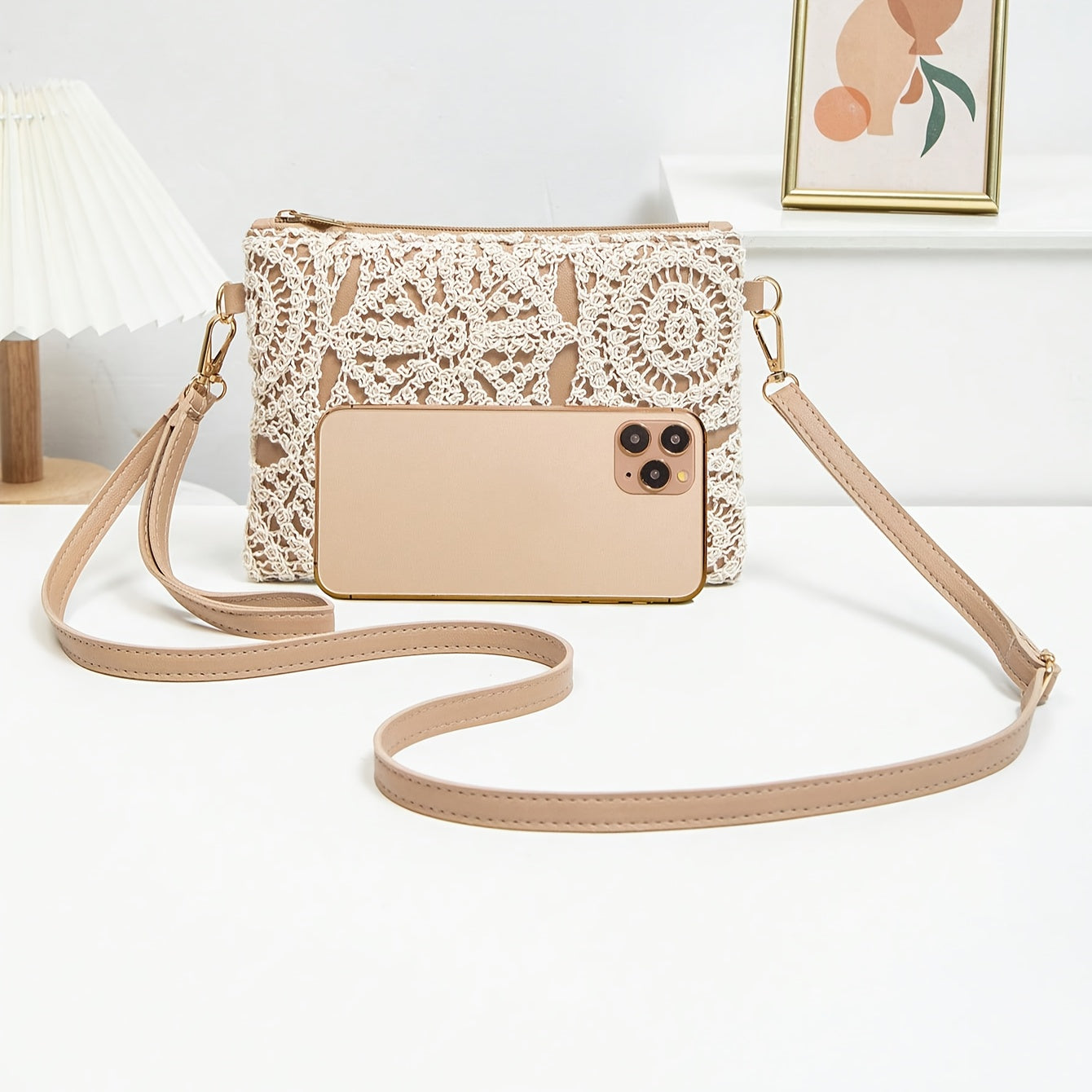 Elegant White Lace Crossbody Bag with Removable Beige Strap - Floral Pattern, Zipper Closure, Polyester Lining, Perfect for Spring & Summer Outfits, Casual or Formal Wear, Ladies Purse