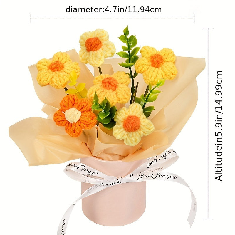 Handmade Knitted Daisy Bouquet - Realistic Yellow, white, pink, blue, red, or Floral Arrangement - with Pastel Pink, Beige, or Red Ribbon Bucket - No Maintenance Fake Flowers for Home, Office, Wedding, Birthday - Perfect Gift