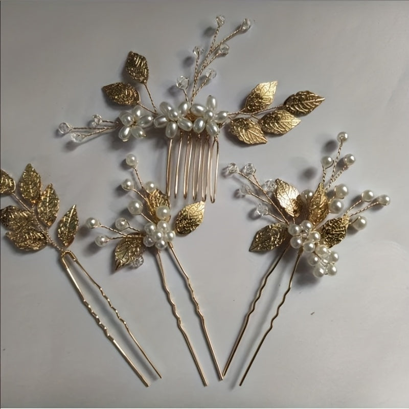 4pcs Wedding Hair Accessories - Faux Pearls, Crystals, Rhinestones Combs, Clips And Flower Pieces for Bride And Bridesmaids (Elegant Style)
