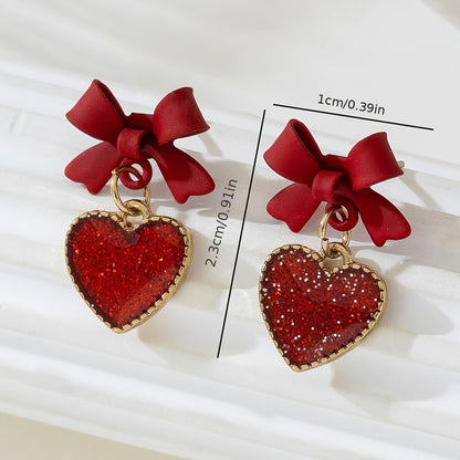 Red Heart Bow Dangle Earrings