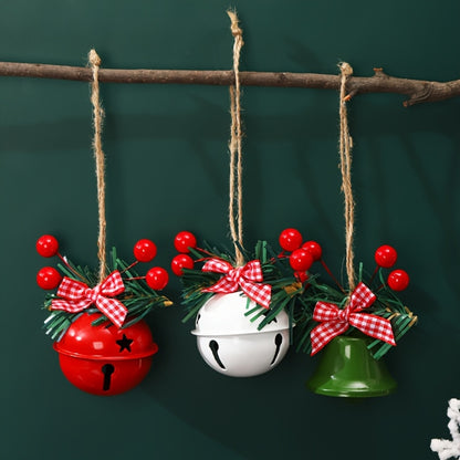 1 Set Christmas Jingle Bell Ornaments, Metal Hanging Decorations with Red Berries and Plaid Bows, Holiday Tree and Wreath Accents, No Electricity Required, Festive Wall and Door Decor