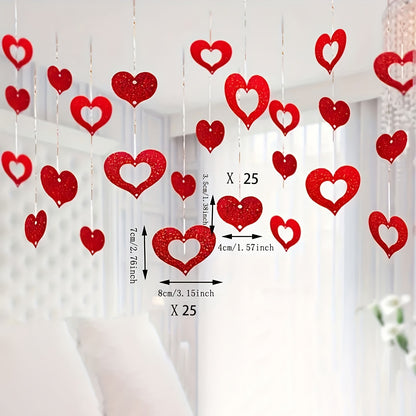 50pcs of Valentine'S Day Hanging Heart Decorations - Plastic Red Heart Pendants And DIY Silk Strings - Non-Electric, No Feathers, Suitable for Wedding, Birthday, Party Decorations, And Romantic Room Arrangements, Silk Strings