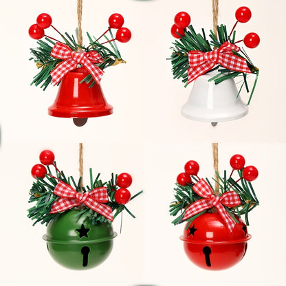 1 Set Christmas Jingle Bell Ornaments, Metal Hanging Decorations with Red Berries and Plaid Bows, Holiday Tree and Wreath Accents, No Electricity Required, Festive Wall and Door Decor
