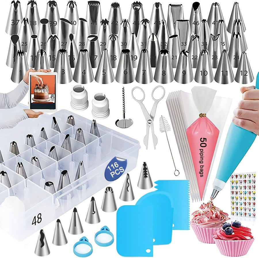 116pcs Cake Decorating Baking Tools Set, Includes Piping Nozzles Pastry Bag Tips Scraper and More Kitchen Gadgets with Storage Box. Buttercream Icing Cheese Bun Dough Pastries DIY for Birthday Parties Family Reunions Holiday