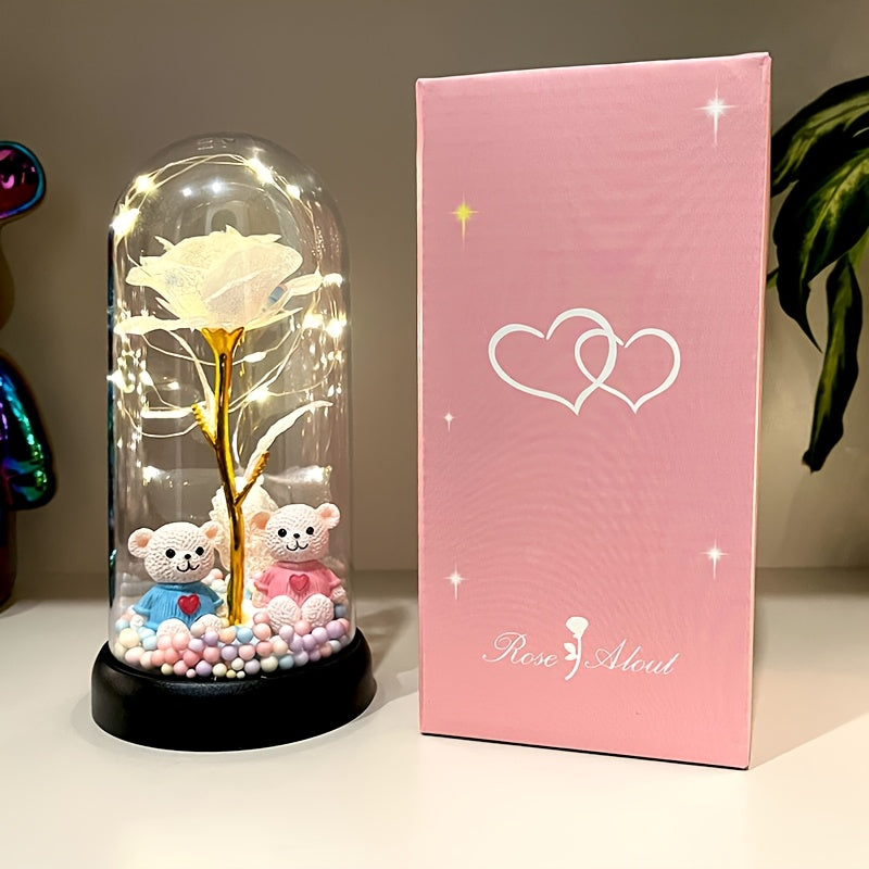 1pc Glow-in-the-Dark Rose Flower Decoration with LED-like Glow - Elegant Tabletop Centerpiece in Clear Dome, Battery-Powered (AAA Not Included) - Perfect Gift for Valentine's, Mother'S Day, Weddings, Birthdays, Christmas - Wo