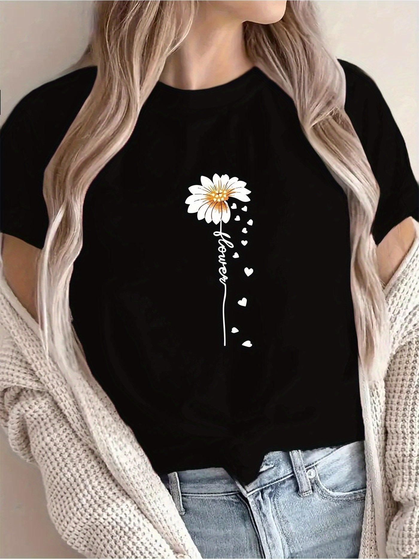 Women'S Floral Print T-Shirt - Casual & Vacation Style, Short Sleeve Crew Neck, Spring/Summer Collection, Machine Washable, Slim Fit with Vibrant Flower Design, Lightweight Polyester Blend, Perfect for Casual Attire, Casual S