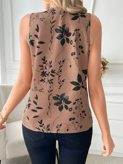 Elegant Women's V-Neck Blouse with Floral Print - Sleeveless, Casual Summer Top, Machine Washable