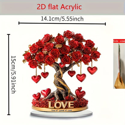 2D Flat, 1pc Bohemian Acrylic 2D Crystal Heart Rose Tree Decoration with Golden Base & Red Roses - "Tree of Love" English Inscription, No Batteries Needed, 2D Flat, Christmas Decor
