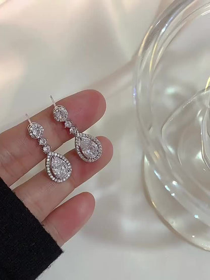 Sweet Fashionable Lightweight French Style Full Rhinestone High-End Minimalist Teardrop