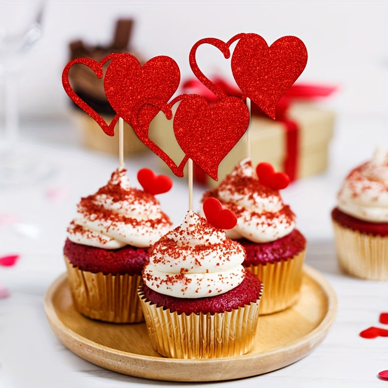 24pcs Valentine'S Day Cupcake Toppers, Glitter Hollow Love Cupcake Toppers, Picks, Red Love Heart Birthday Cake Decorations for Valentine'S Day, Weddings, Engagements, Showers, Festival Party Cake Decor for Halloween, Christm
