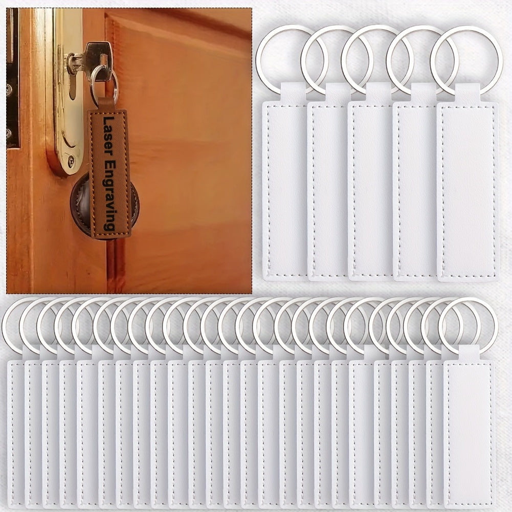 30pcs Faux Leather Key Fob Kit, 4.09*0.98in Rectangular Faux Leather Keychain Blanks with Keychain Rings, Laser Engraving Keychain -DIY School/Corporate Logos Gifts Stamping DIY Handicrafts for Faux Leather Working, Faux Leat