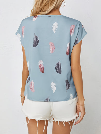 Women'S Elegant Print Round Neck Casual Short Sleeve Blouse - Light Blue with Pink, Black & White Feathers, Soft Polyester Fabric, Perfect for Spring & Summer Outfits, Ladies Blouses