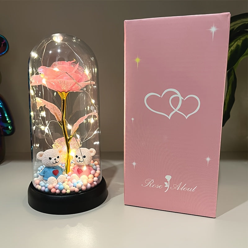 1pc Glow-in-the-Dark Rose Flower Decoration with LED-like Glow - Elegant Tabletop Centerpiece in Clear Dome, Battery-Powered (AAA Not Included) - Perfect Gift for Valentine's, Mother'S Day, Weddings, Birthdays, Christmas - Wo