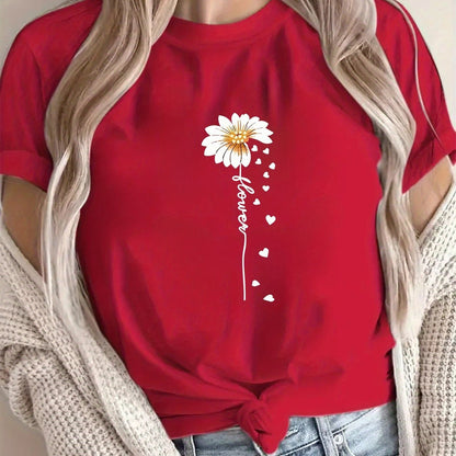 Women'S Floral Print T-Shirt - Casual & Vacation Style, Short Sleeve Crew Neck, Spring/Summer Collection, Machine Washable, Slim Fit with Vibrant Flower Design, Lightweight Polyester Blend, Perfect for Casual Attire, Casual S